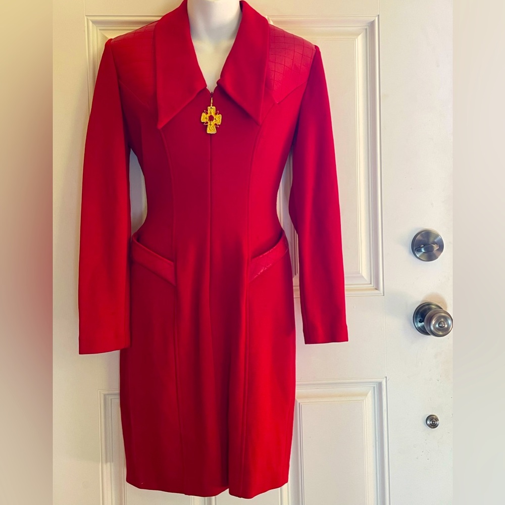Red Knit Suit Style Office Type Dress with Pleather on Shoulders Size 6.